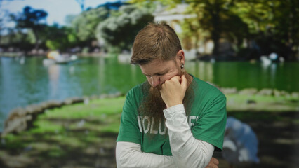 Man with beard wearing volunteer shirt resting head on fist in lush green forest clearing; quiet reflection.