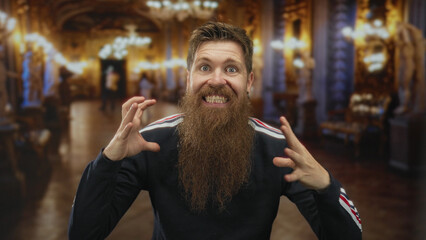 Man with long beard standing at center making a claw gesture in ornate museum building; stress and...