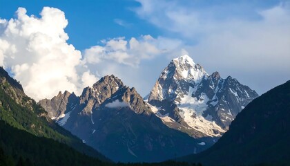 Majestic Mountain Peaks with Snow and Lush Green Valleys under a Blue Sky