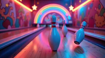 Exciting bowling action neon alley fun activity colorful environment low angle entertainment vibe