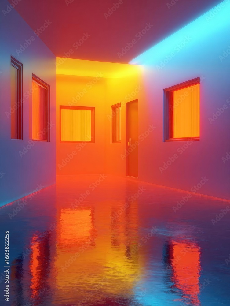 Poster empty room with three windows on either side of the room. the walls are painted in a gradient of col