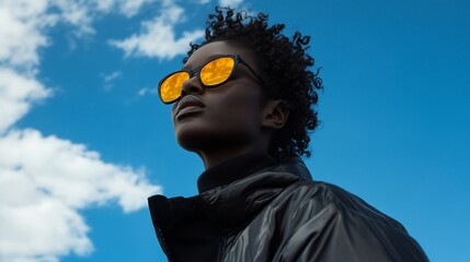 A Person with curly hair wearing yellow sunglasses looking up at the sky with clouds