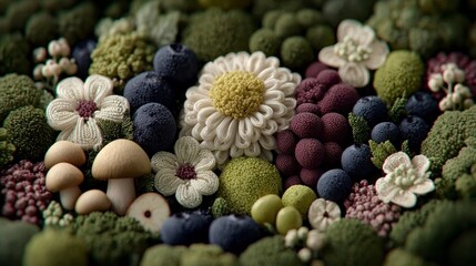 Close up of assorted berries flowers and mushrooms arranged amidst lush green foliage