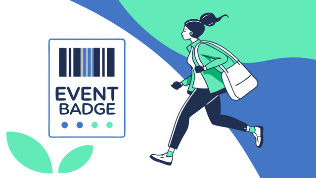 Woman rushing to an event with her badge symbolizing quick access and efficient entry into conferences and gatherings