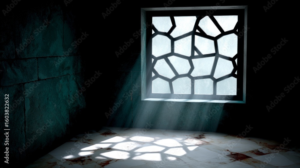 Poster Sunlight streams through a geometrically patterned window onto a stone floor in a dark room