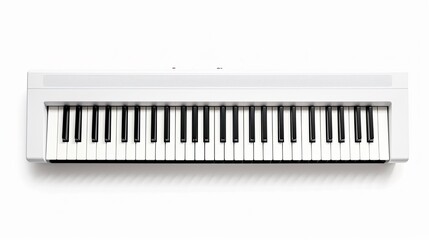Top down view of a white digital piano with black and white keys on a white background surface area