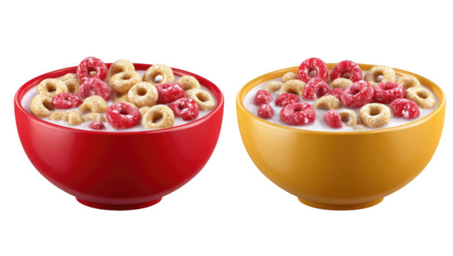 Two bowls of cereal topped with raspberries