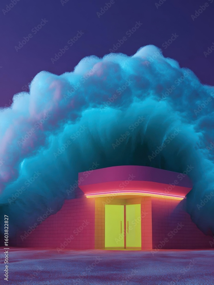 Poster digital illustration of a building with a large cloud-like structure in the background. the cloud is