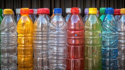Colorful Bottles: A vibrant display of plastic water bottles, each filled with a unique colored liquid. Representing the issue of mass consumption and its environmental impact.