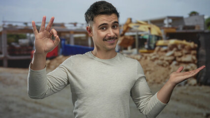 Young hispanic man at construction site outdoors making okay gesture with hand and smiling...