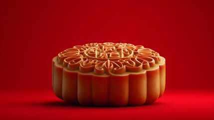 A single, intricately patterned mooncake prominently centered against a solid red background.