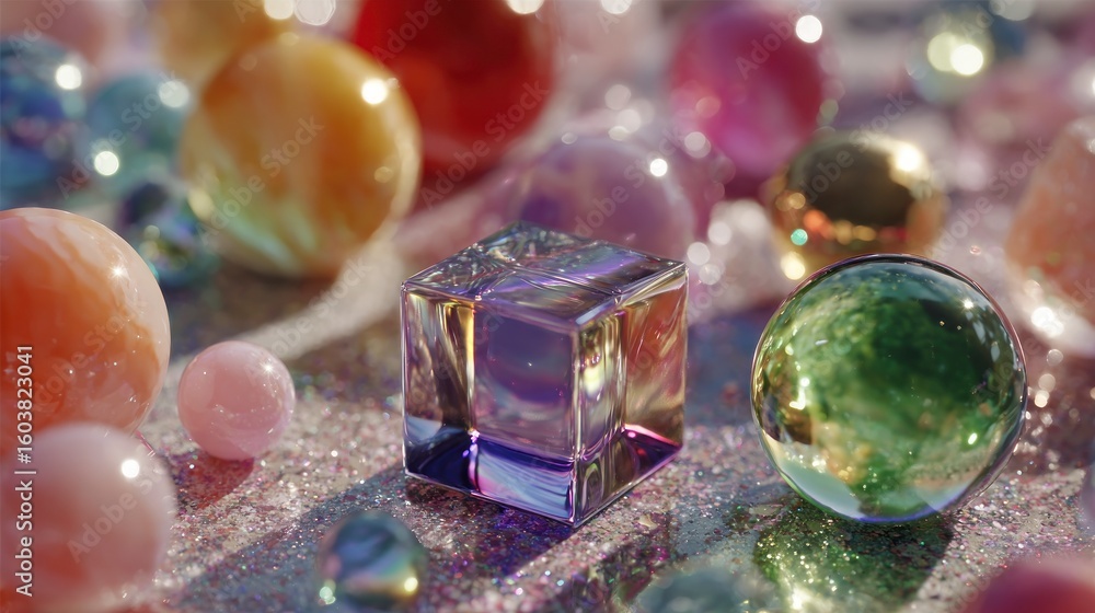 Poster a glass cube and colorful spheres on a sparkling surface with soft bokeh