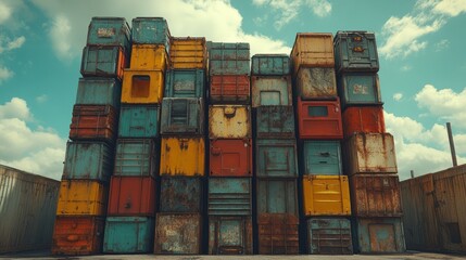 Shipping containers stacked high against a cloudy sky: A collection of weathered shipping containers, painted in a variety of colors, is stacked into a massive formation beneath a dynamic.