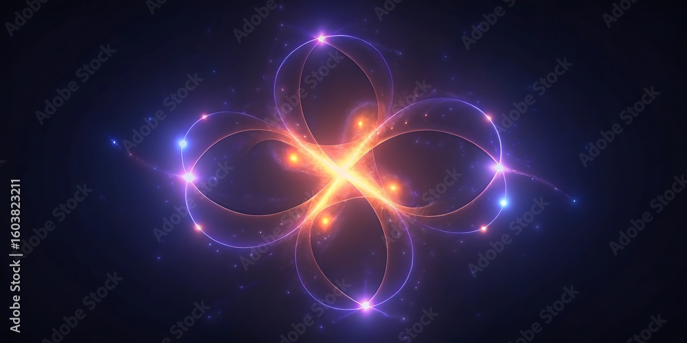 Poster abstract glowing fractal pattern with swirling loops of light in purple and orange on a dark backgro