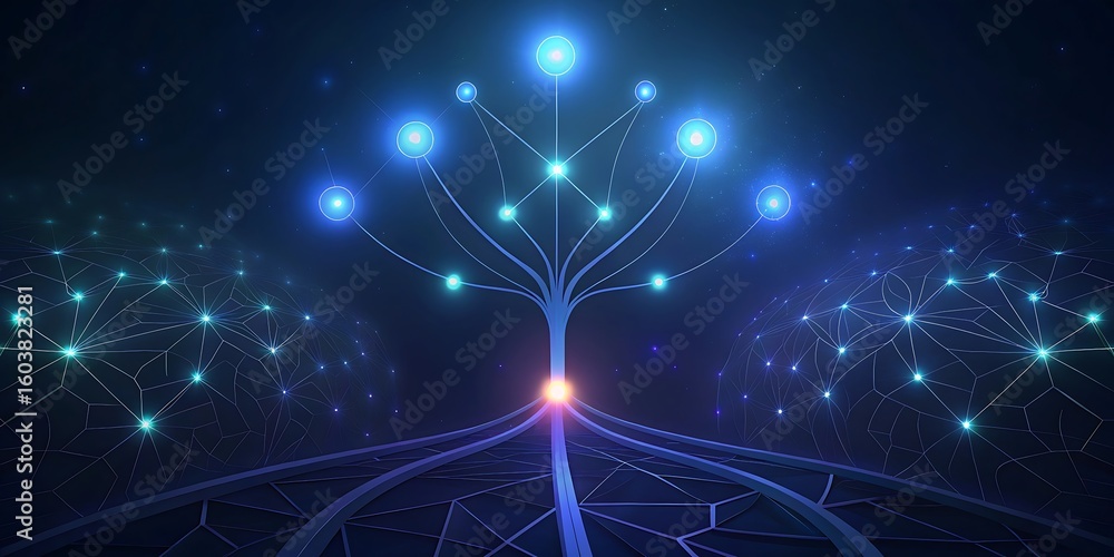 Poster vibrant digital tree structure with glowing nodes and interconnected branches against a dark starry 