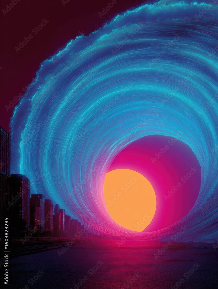 Poster digital art piece that appears to be a futuristic landscape with a city skyline in the background. t
