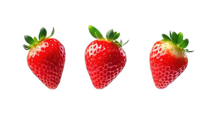 Three Fresh and Juicy Strawberries with Green Leaves on a Transparent Background