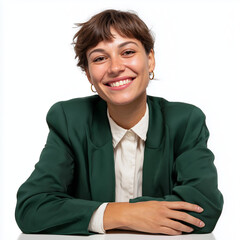 Jeune femme brune de 20 ans, en costume vert, pose façon portrait sur un bureau, fond blanc, personnage pour publicité, site web, démo d'application