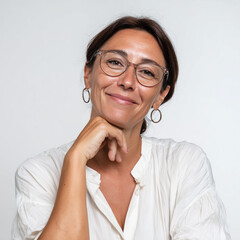 Femme brune à lunettes, 30 à 40 ans, en chemise blanche, pose façon portrait sur un bureau, fond blanc, personnage pour publicité, site web, démo d'application