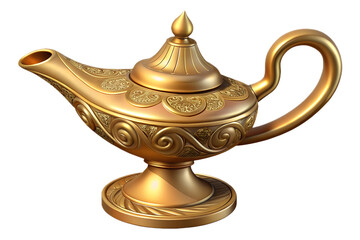 Golden Ornate Magic Lamp with Intricate Patterns, Highly Detailed Digital Art, Metallic Shine, Volumetric Cinematic Lighting, Fantasy Inspired Magical Object Illustration