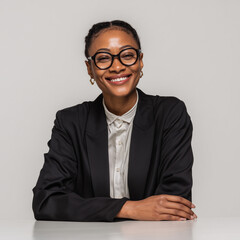 Jeune femme de 30 ans à lunettes, en chemise blanche et costume tailleur noir, pose façon portrait sur un bureau, fond blanc, personnage pour publicité, site web, démo d'application