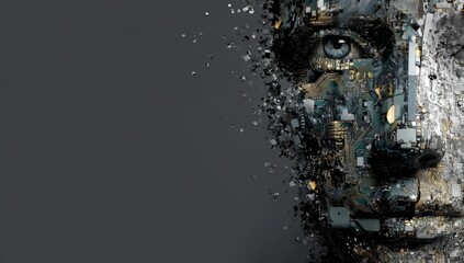 An artistic representation of an AI head made from digital elements, such as circuit boards and computer chips, symbolizing the complexity behind artificial intelligence. 
