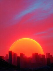 Obraz premium Digital illustration of a city skyline at sunset. the sky is a gradient of pink and orange, with the sun partially visible in the center.