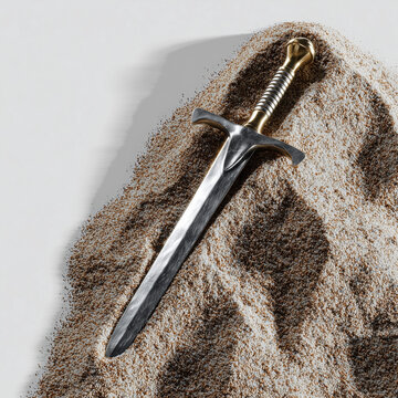Une &eacute;p&eacute;e ou une dague en m&eacute;tal sur le sable sur fond blanc, lame tranchante &eacute;tincelante et pommeau visibles, symbole de victoire, guerre, conqu&ecirc;te