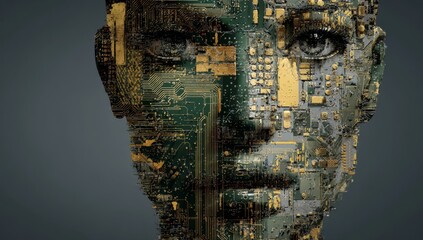 An artistic representation of an AI head made from digital elements, such as circuit boards and computer chips, symbolizing the complexity behind artificial intelligence.