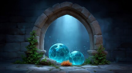 Fototapeta premium Ancient stone archway revealing luminous glowing orbs submerged in mystical blue water with bubbles