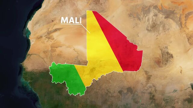 Zoom from Earth to Mali. (Country Flag) World map animation with highlighted country borders. Satellite 3d world map animation highlights aerial views, tourism, and travel. 4k