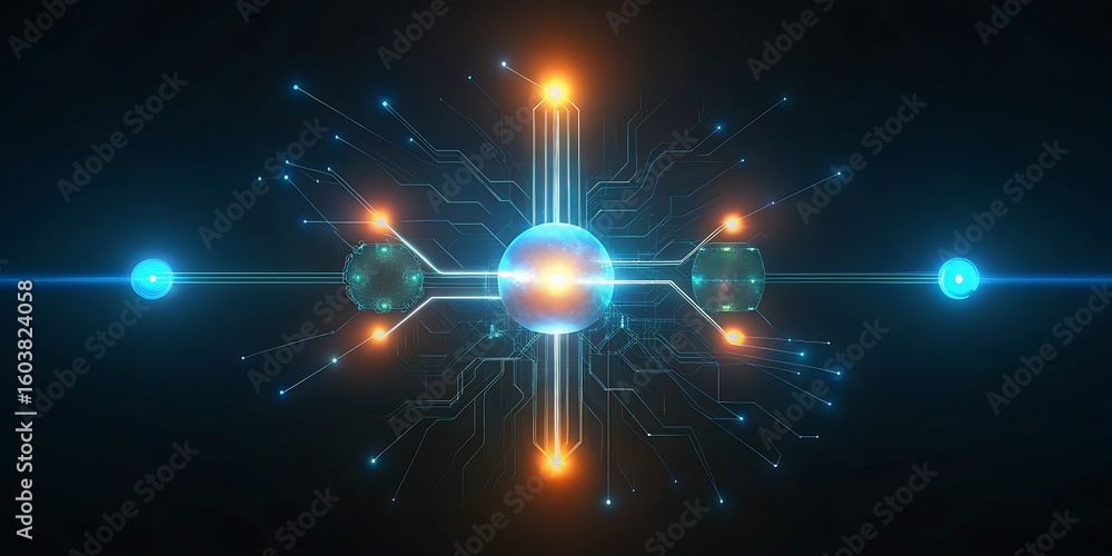 Poster abstract technological system with a central glowing sphere connected by circuits and lines to other