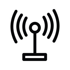 A black and white wireless signal icon featuring curved lines emitting from a central vertical antenna