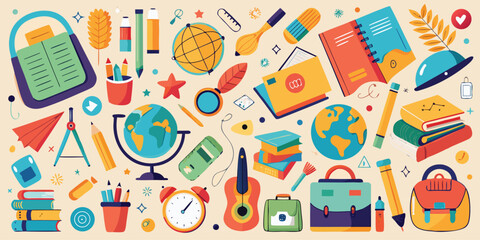 Seamless vector illustration with colorful cartoon back to school doodle icons for a fun kids' education design