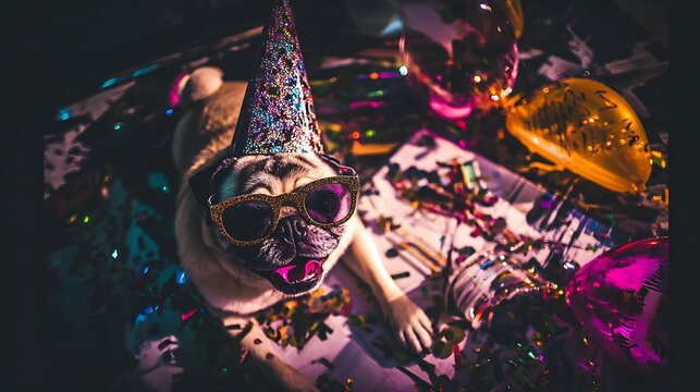 Festive Pug Dog Wearing Sparkly Glasses and Party Hat Celebrates in Style.