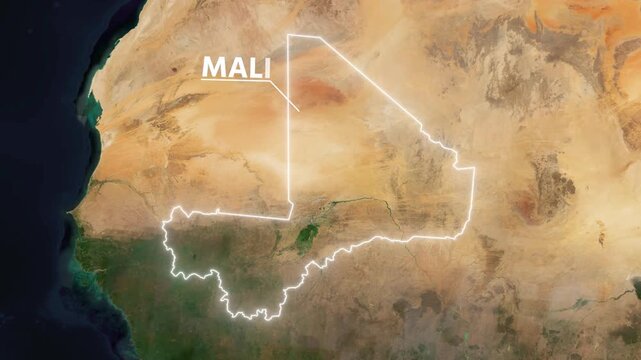 Zoom from Earth to Mali. Glow outline map animation satellite view with highlighted country borders. Cinematic documentary 3d world map animation highlights aerial views, tourism, and travel. 4k