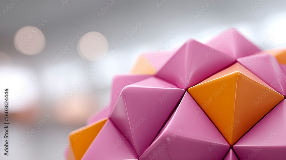 Poster abstract geometric structure with interconnected triangular facets in pink and orange hues soft focu
