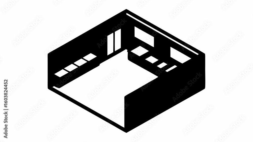 Poster isometric view of a room with a door and windows in black and white minimalist design showing interi