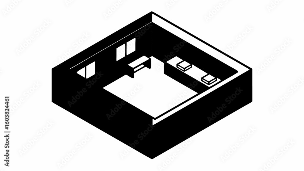 Poster isometric view of room with windows desk and counter featuring three objects in black and white styl