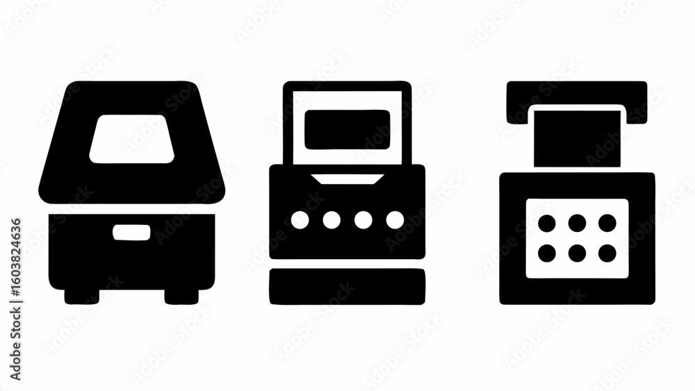 Poster three black and white icons depicting different types of machines with rectangular shapes and detail