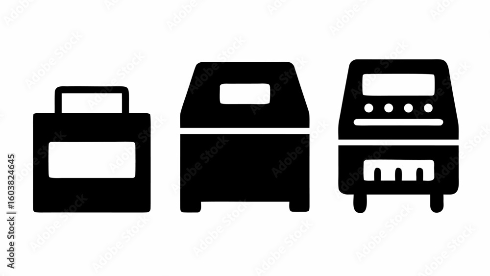 Poster three black icons depicting different styles of containers with handles and rectangular shapes desig
