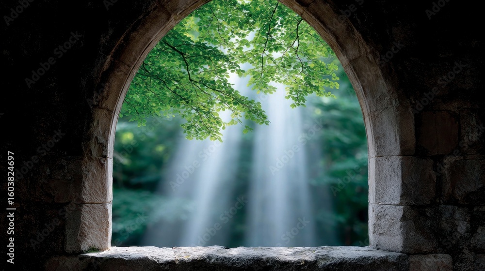 Poster sunbeams filtering through green tree branches seen from within an ancient stone archway