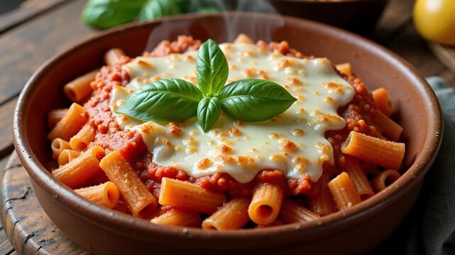 Savor Italian-American Comfort Food Baked Ziti Delight with Marinara, Mozzarella, and Fresh Basil in Stunning 4K Video Footage for Food Lovers
