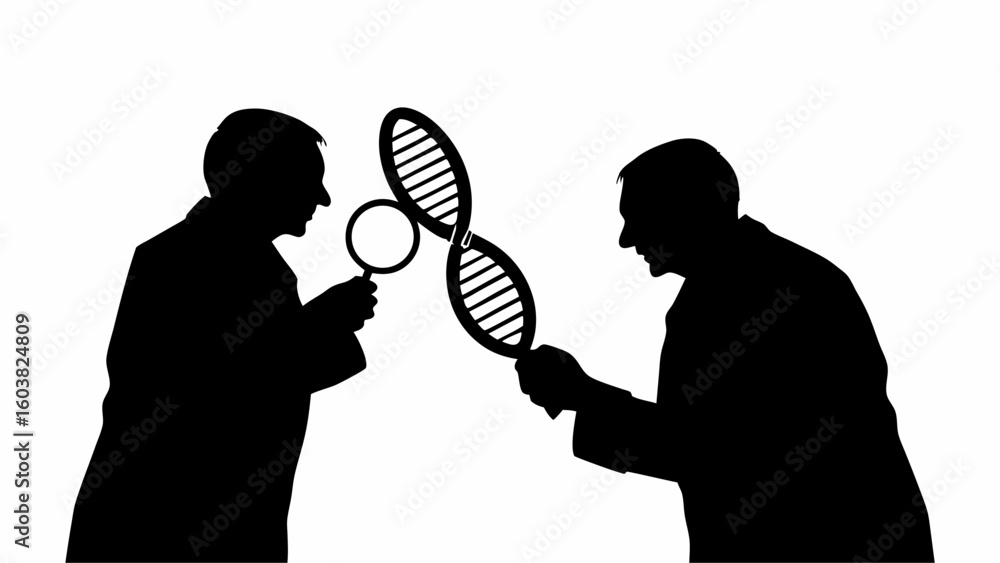 Poster two scientists in silhouette examining a dna strand with a magnifying glass in a laboratory setting