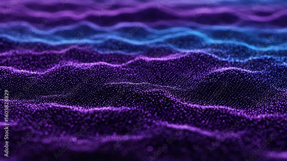 Poster a mesmerizing abstract background with dynamic waves of glowing purple and blue particles