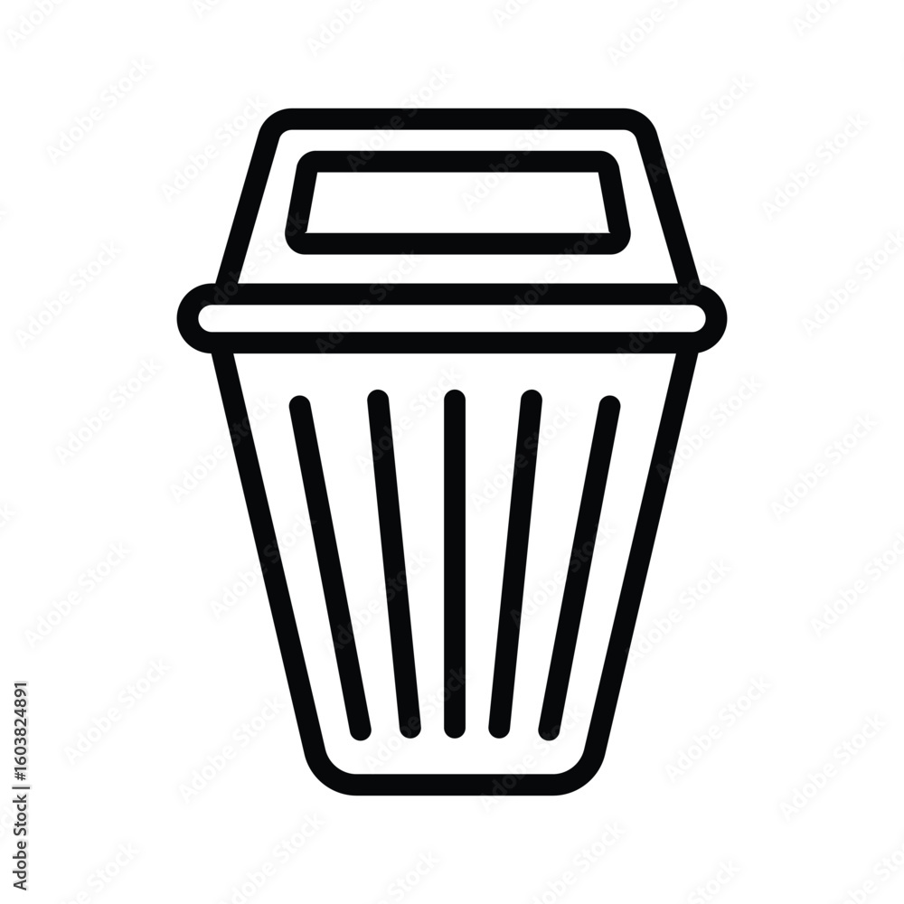 Poster black outline drawing of a trash can with a lid and vertical lines