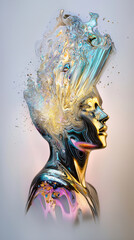 Abstract metallic portrait of a human figure with swirling colors and textures