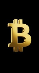 Golden bitcoin symbol on black background. Cryptocurrency investment and digital money concept. Blockchain technology for online commerce.