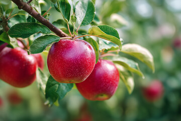 Dojrzałe jabłka na drzewie w sadzie, gotowe do zbioru. Naturalne światło podkreśla soczystość i świeżość owoc&oacute;w.
