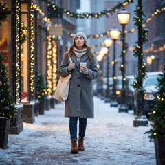 Woman Walking in Snowy Street Decorated With Festive Lights and Charm

